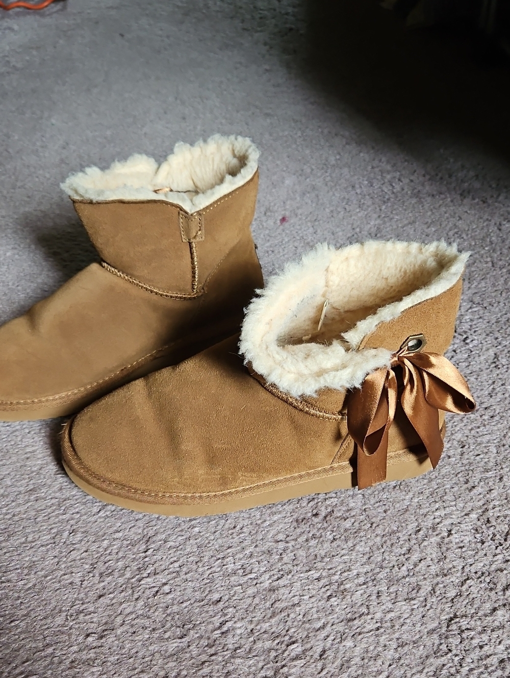 BearPaw Women's Chestnut Faux-Suede Shearling Slipper Boots with Satin Bow